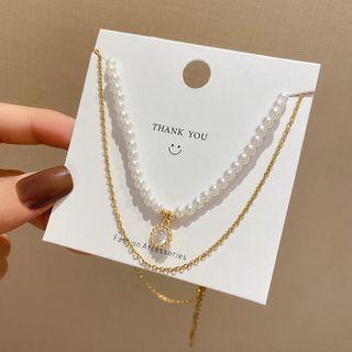 Rhinestone Pendant Faux Pearl Alloy Layered Choker X542 - Gold - One Size