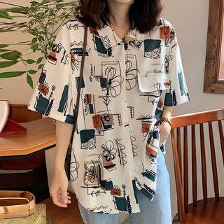 Print Oversized Blouse White - One Size