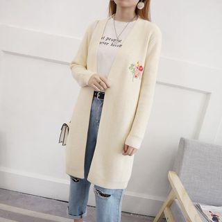 Flower Embroidered Open Front Long Cardigan
