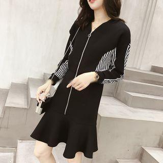 Long-sleeve Striped Panel Ruffle Hem Mini Dress