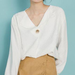 Long-sleeve V-neck Blouse White - One Size