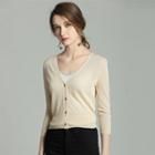 3/4 Sleeve Plain Button Crop Light Cardigan