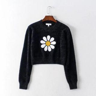 Sun Flower Embroidered Knit Cropped Sweater