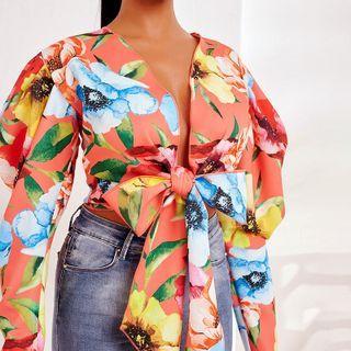 Floral Print Long-sleeve Crop Blouse