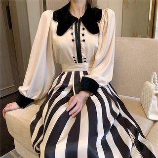 Color-block Long-sleeve Blouse / Striped Skirt