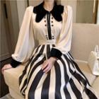Color-block Long-sleeve Blouse / Striped Skirt