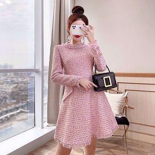 Fringed Long-sleeve A-line Tweed Dress