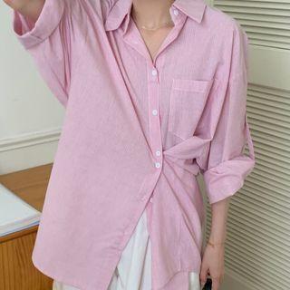 3/4-sleeve Rolled Hem Plain Shirt