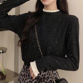 Eyelet Trim Glitter Long-sleeve Top