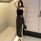 Cut-out Asymmetric Plain Camisole Top / High-waist Side-slit Denim Skirt