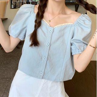 Lace Trim V-neck Puff Sleeve Top