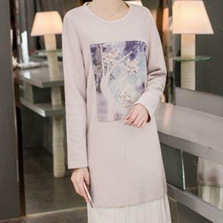 Printed Pleated Long-sleeve Dress