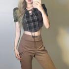 Short-sleeve Plaid Crop Top / High Waist Bootcut Pants