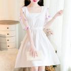 Elbow-sleeve Embellished Mini A-line Dress