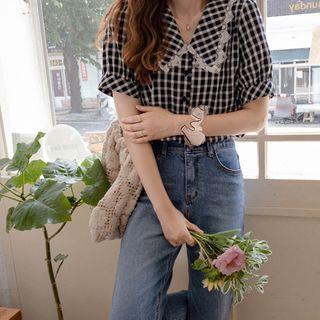 Lace-trim Collar Check Blouse