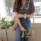 Lace-trim Collar Check Blouse