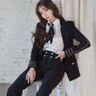 Set: Contrast Trim Double-breasted Blazer + Boot-cut Pants