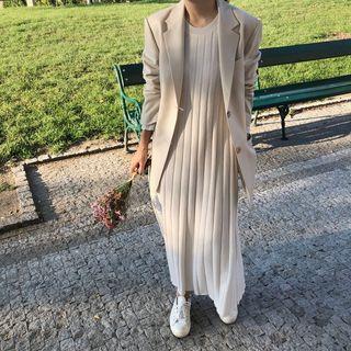 Long-sleeve Pleated Midi Dress Off White - One Size