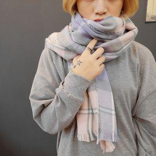 Fray Hem Plaid Twill Scarf