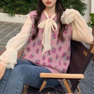 Long-sleeve Bow Accent Shirt / Round-neck Floral Vest