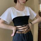Tie-waist Panel Short-sleeve Cropped Top White + Black - One Size