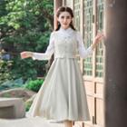 Lace Trim Long-sleeve Shirt / Bird Embroidered Pinstriped Sleeveless A-line Midi Dress