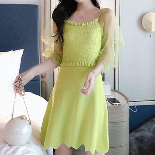 Mesh Panel Elbow-sleeve Knit A-line Dress