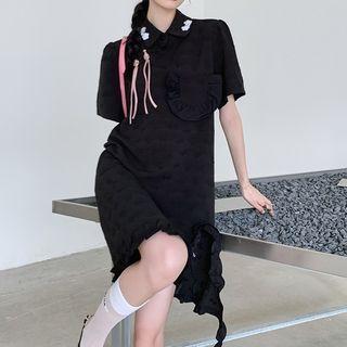 Elbow-sleeve Collar Slit Mini Dress