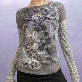 Long Sleeve Heart & Wings Print Paneled T-shirt