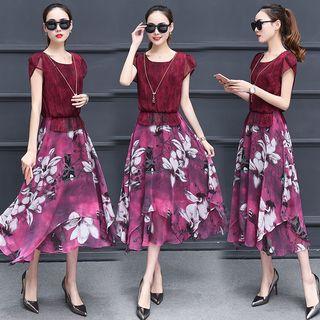 Flower Print Cap-sleeve Mock Two-piece A-line Dress