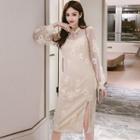 Mandarin Collar Long-sleeve Midi Lace Sheath Dress