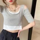 Short-sleeve Mock Two-piece Cold-shoulder Crop Top / Long-sleeve Crop Top