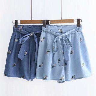 Floral Embroidered Denim Wide-leg Shorts