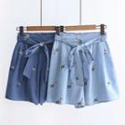 Floral Embroidered Denim Wide-leg Shorts