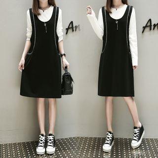 Set: Plain Long Sleeve T-shirt + Contrast Trim Pinafore Dress