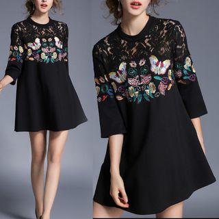 3/4-sleeve Lace Panel Embroidered Mini Dress