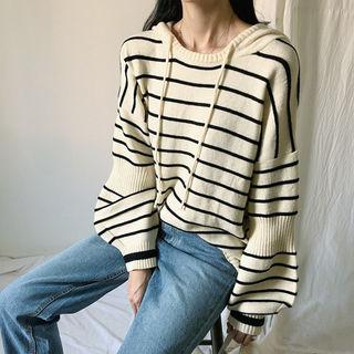 Bishop-sleeve Striped Boxy Knit Hoodie