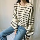 Bishop-sleeve Striped Boxy Knit Hoodie