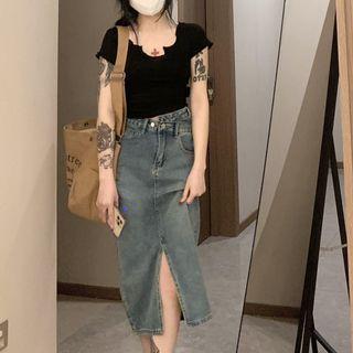 Denim Slit Skirt / Short-sleeve Top