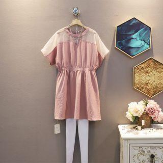 Short-sleeve Mesh Panel Elastic-waist Back Tie-strap Cutout Dress