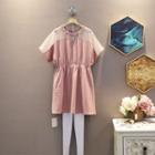Short-sleeve Mesh Panel Elastic-waist Back Tie-strap Cutout Dress