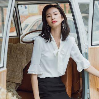 Bow Blouse / Midi Skirt / Double Breasted Mini Skirt / Set