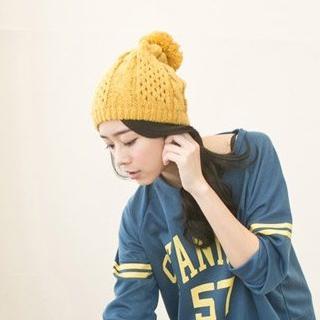 Pompom-accent Cable-knit Beanie