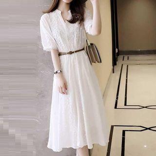 Short Sleeve Stand Collar Lace A-line Shirtdress