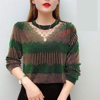 Rhinestone Mesh Panel Striped T-shirt