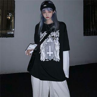 Mock Two-piece Long-sleeve Cross Print T-shirt