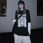 Mock Two-piece Long-sleeve Cross Print T-shirt
