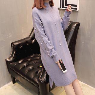 Beaded Mock-neck Long-sleeve Knit Dress