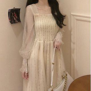 Puff-sleeve Tweed Panel Midi A-line Dress