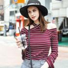 Striped Cut Out Shoulder Long Sleeve Knit Top